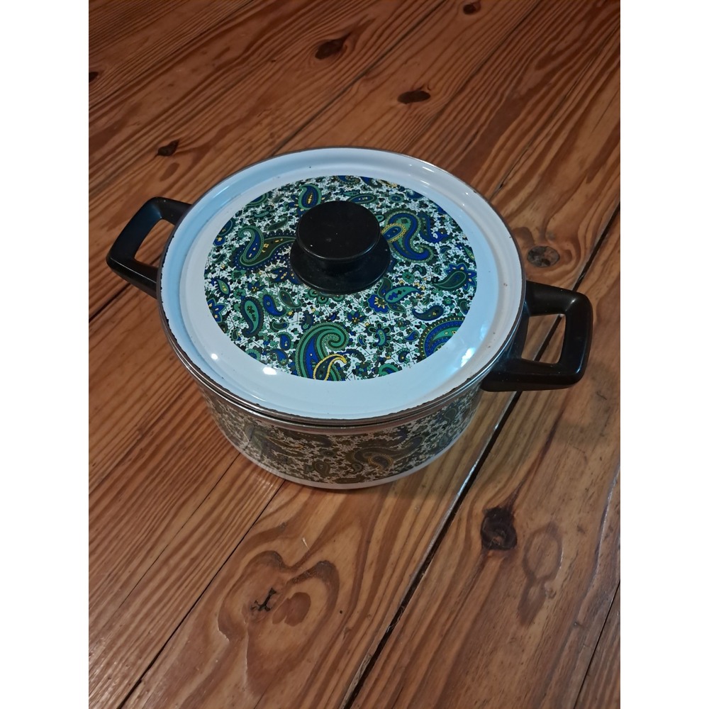 Vtg MCM 70s Fancipans Avocado Blue Paisley Porcelain Enamel Pan Pot 9" j4